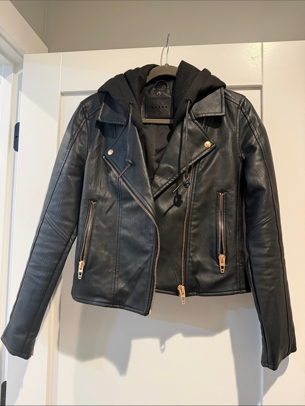 Blank NYC Black Faux-Leather Moto Jacket with Hooded Layer